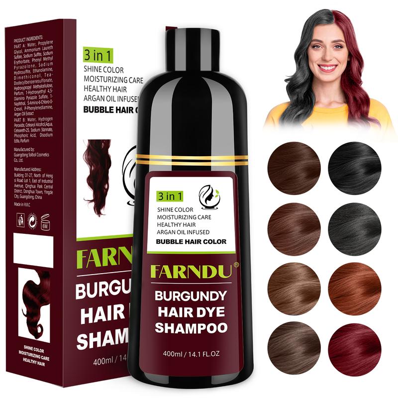 FARNDU-Hair Dye Shampoo(Buy 1 Get 7), Gray Hair Coverage, 3 in 1 (+Shampoo+Conditioner), Multiple Colors Available, 10 Mins Hair Color, Glossy and bright, For Men & Women, Long Lasting, Plant extracts, Fruity aroma Ammonia-Free Mild (400 mL)-Burgundy