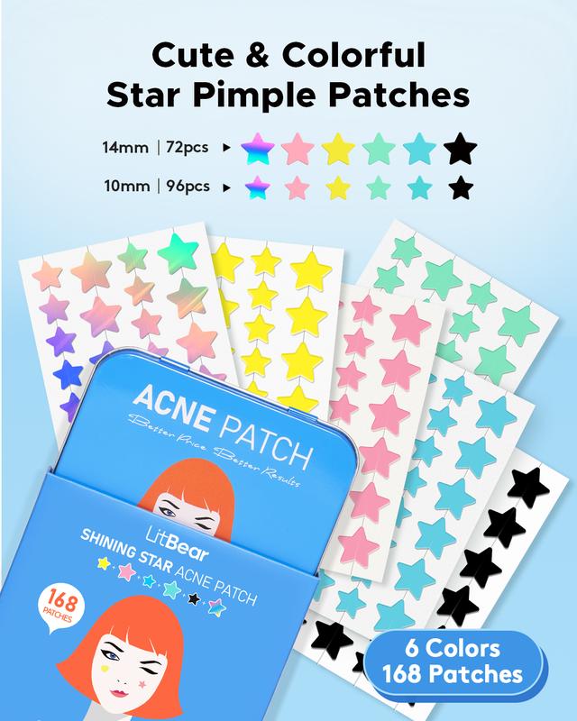 LitBear Star Acne Patches Pimple Patches, 6 Colors 168 Dots, Patches with Tea Tree Oil & Centella Oil, Hydrocolloid Acne Pimple Patches Perfect for Clear Skin