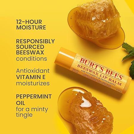 Burt's Bees Lip Balm Stocking Stuffers, Moisturizing Lip Care Christmas Gifts, Original Beeswax with Vitamin E & Peppermint Oil, Natural Origin Lip Care (4-Pack)