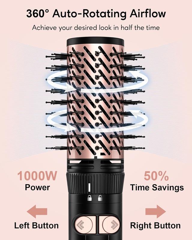 4-in-1 Hot Air Rotating Blow Dryer Brush Kit  1000W with Rotatable Round Brushes (2 Sizes), Oval Volumizer, and Diffuser  Ideal for Curly Hair, with Arthritis-Friendly Big Buttons, Black