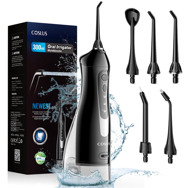 COSLUS Water Dental Flosser with Dual-Thread Stream for Thorough Cleaning, 4 Modes & 5 Replacement Heads with 300ML Tank, 30-Day Battery Life, IPX7 Waterproof, For Home Travel, Gift