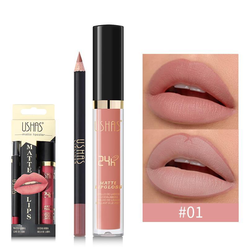 Matte Lip Gloss & Lip Liner Makeup Set, 1 Count Easy Coloring Lipsticks & 1 Count Moisturizing Lip Liner, Natural Color Lip Makeup Kit for Women & Girls