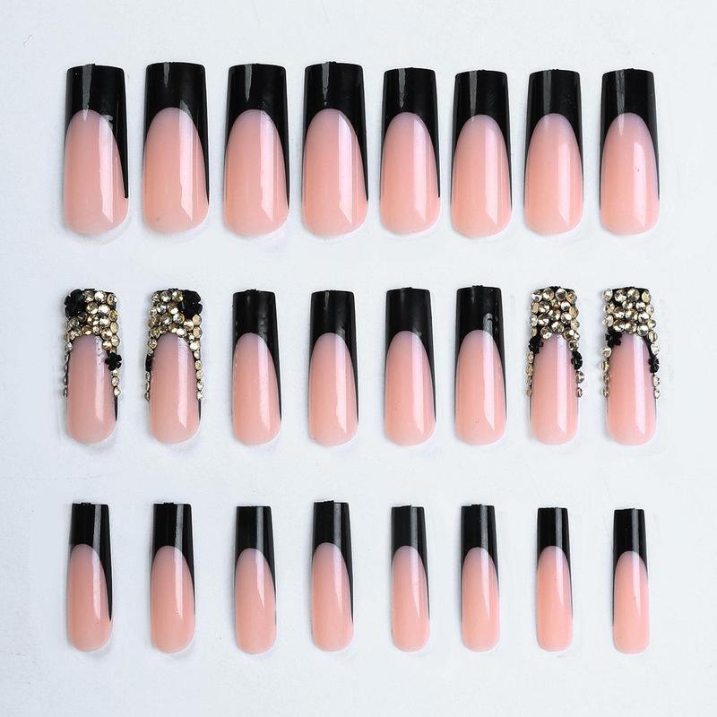 Rhinestone Decor Long Square Fake Nails, 24pcs set Glossy Press on Nails with Nail File & Sticker Sheet, DIY Nail Art Kits for Women & Girls