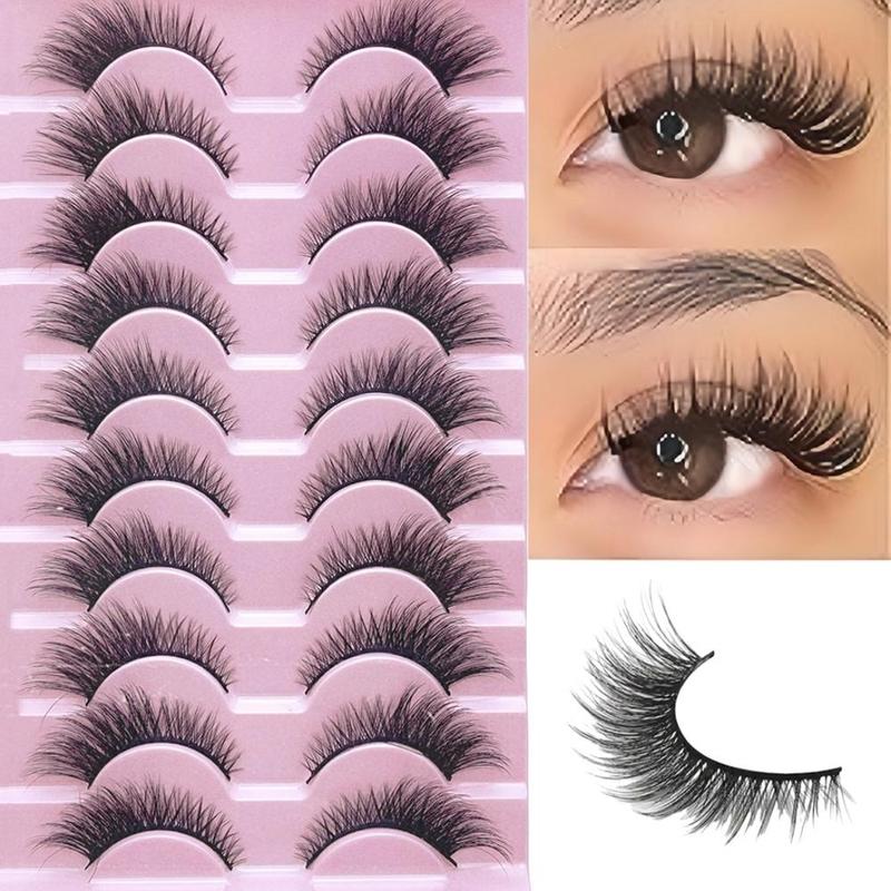 Fluffy Cross False Eyelashes, 10 Pairs Wispy Cat Eye Faux Lashes, Natural Curling Eye Makeup Strip Lashes, Volumized Fake Eyelash for Lashes Extensions