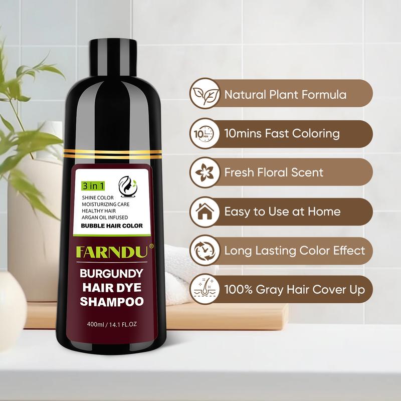 FARNDU-Hair Dye Shampoo(Buy 1 Get 7), Gray Hair Coverage, 3 in 1 (+Shampoo+Conditioner), Multiple Colors Available, 10 Mins Hair Color, Glossy and bright, For Men & Women, Long Lasting, Plant extracts, Fruity aroma Ammonia-Free Mild (400 mL)-Burgundy