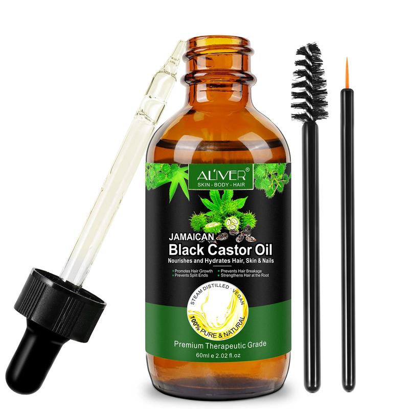 Black Castor Oil with Brush, 1 Box Moisturizing Hair Oil, Hair Strengthening Serum, Scalp Care Essence, Suitable for Hair and Skin