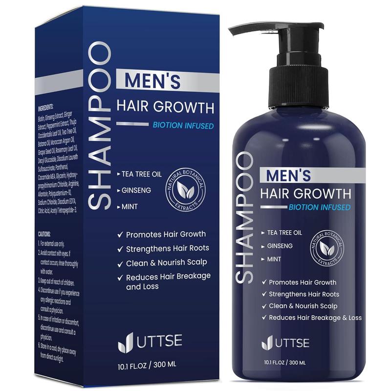 Biotin Hair Growth Shampoo for Men: Natural Thickening Shampoo with Tea Tree Oil Ginseng Mint for Hair Loss and Thinning Hair - 10.1 fl.oz, Dark Blue