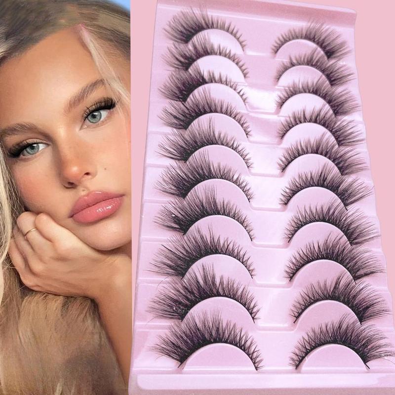 Fluffy Cross False Eyelashes, 10 Pairs Wispy Cat Eye Faux Lashes, Natural Curling Eye Makeup Strip Lashes, Volumized Fake Eyelash for Lashes Extensions