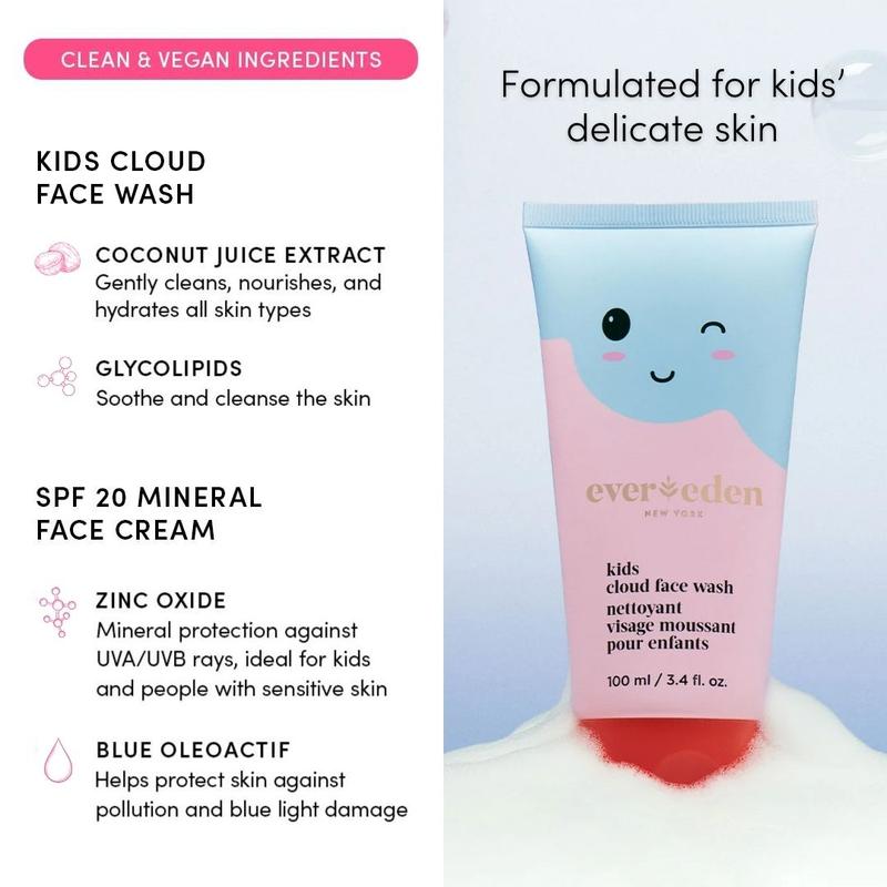 Evereden Kids Morning Duo - Cloud Face Wash & Mineral Face Cream - Safe Skincare for 4-in-1 Daily Protection - Gentle, Dermatologist-Tested Formula