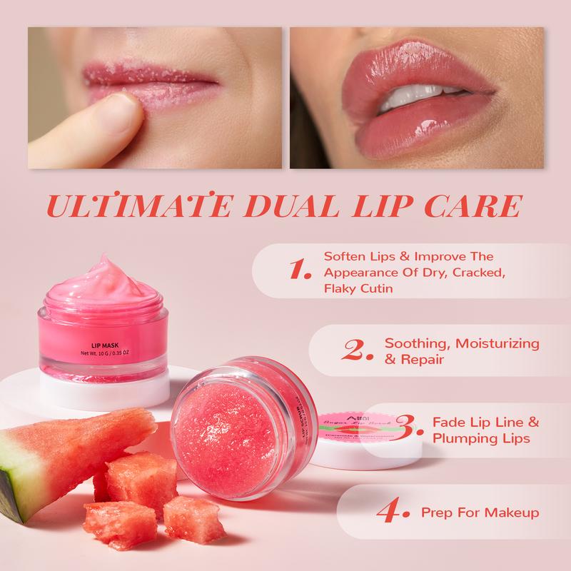 ANAiRUi Watermelon+Ceramide Lip Care Kit - Lip Sleeping Mask and Lip Scrub, Skincare Overnight Moisturizing Mask for Dry, Chapped Lips to Comfort