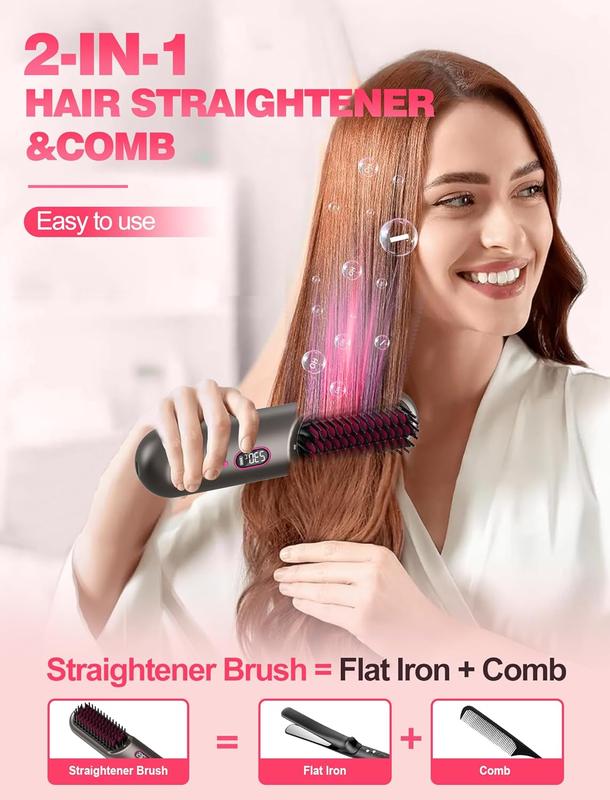 Cordless  Straightener Brush with Negative Ion,Mini  Straightener Comb for Travel,Portable hot Brush  Straightener for Women, Rechargeable 9600mAh , Anti-Scald,12 Temp-Setting