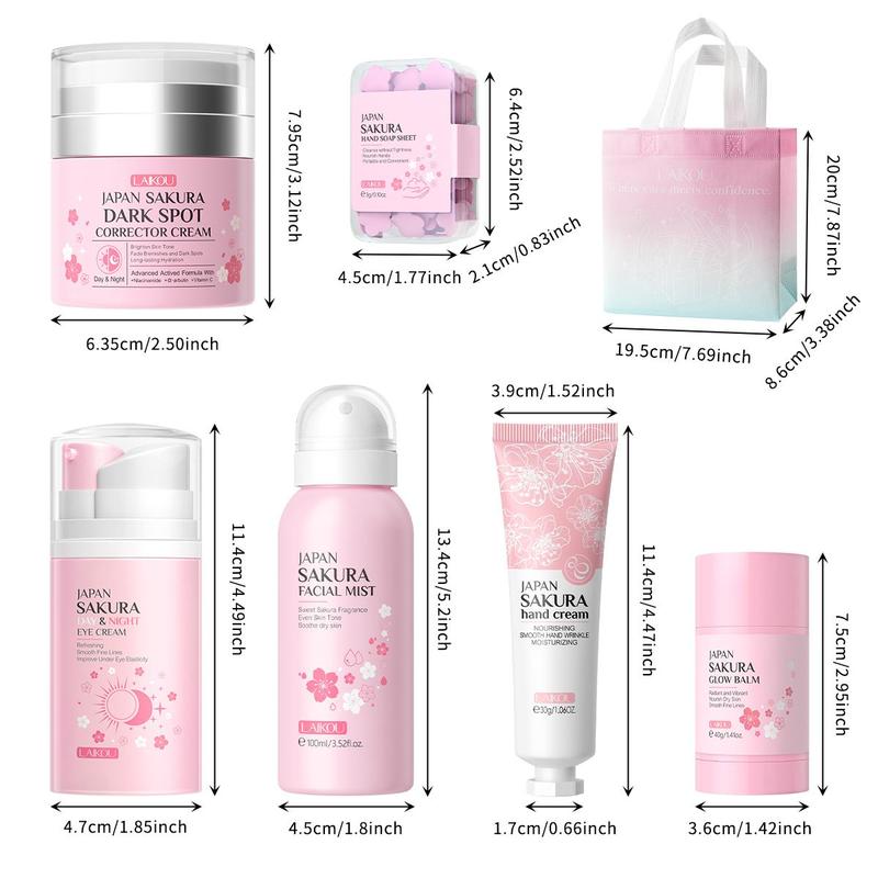 Moisturizing Sakura Skin Care Kit (1 Set), Including Facial Toner Mist, Day & Night Eye Cream, Spot Cream, Hand Cream, Foot Care Wand, Hand Soap Tablet, Gift Bag