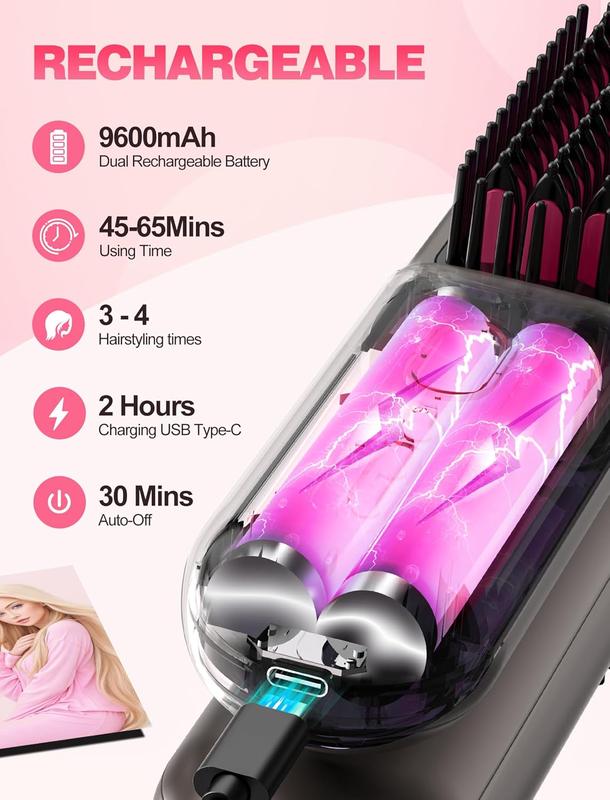 Cordless  Straightener Brush with Negative Ion,Mini  Straightener Comb for Travel,Portable hot Brush  Straightener for Women, Rechargeable 9600mAh , Anti-Scald,12 Temp-Setting