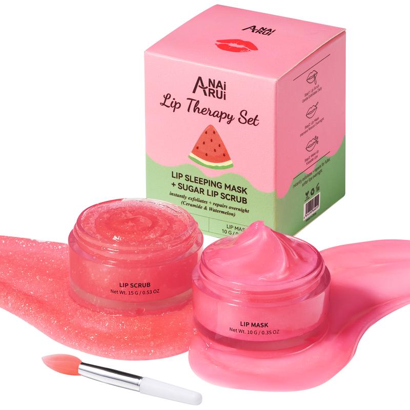 ANAiRUi Watermelon+Ceramide Lip Care Kit - Lip Sleeping Mask and Lip Scrub, Skincare Overnight Moisturizing Mask for Dry, Chapped Lips to Comfort