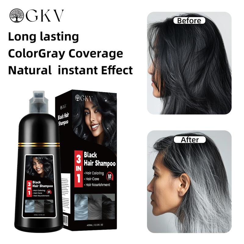 GKV Black Hair Color Shampoo Instant 3 in 1 +99.99% Gray Hair Coverage - Herbal Ingredients - Various Colors Available Vegetable Hair Dye - 400ml