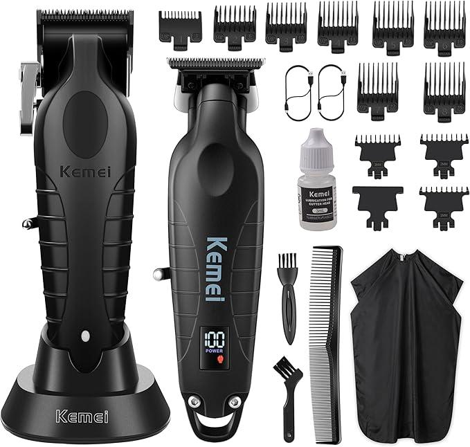 Kemei-2293+2296 Combo Men's Hair Clipper, Professional Hair Clipper and Trimmer Set, Men's Cordless Zero-Clearance Trimmer with LED Display, 11 Guide Combs LCD Display glaker hair