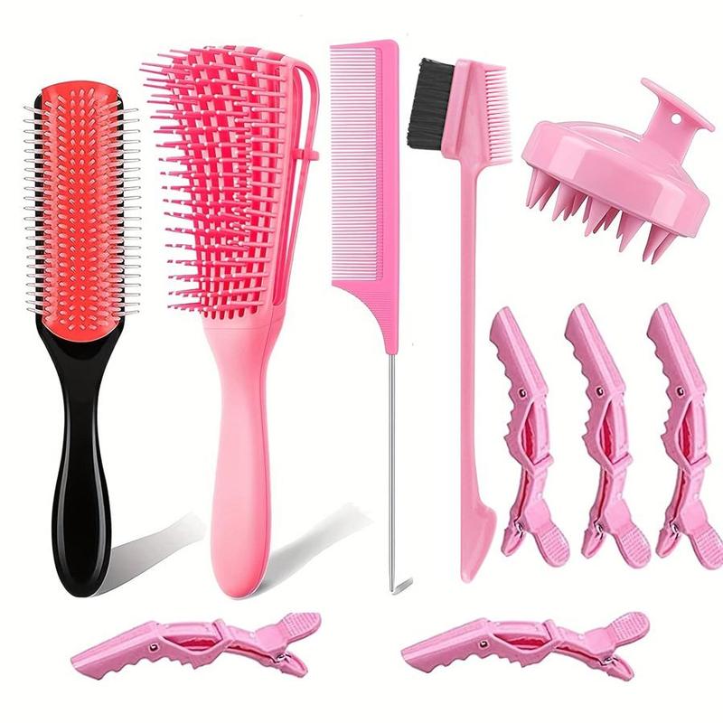 10pcs set Detangling Brush Set, Including 5 Counts Hair Clips, 1 Count Shampoo Brush, 4 Counts Hair Brushes, Hair Care Tools