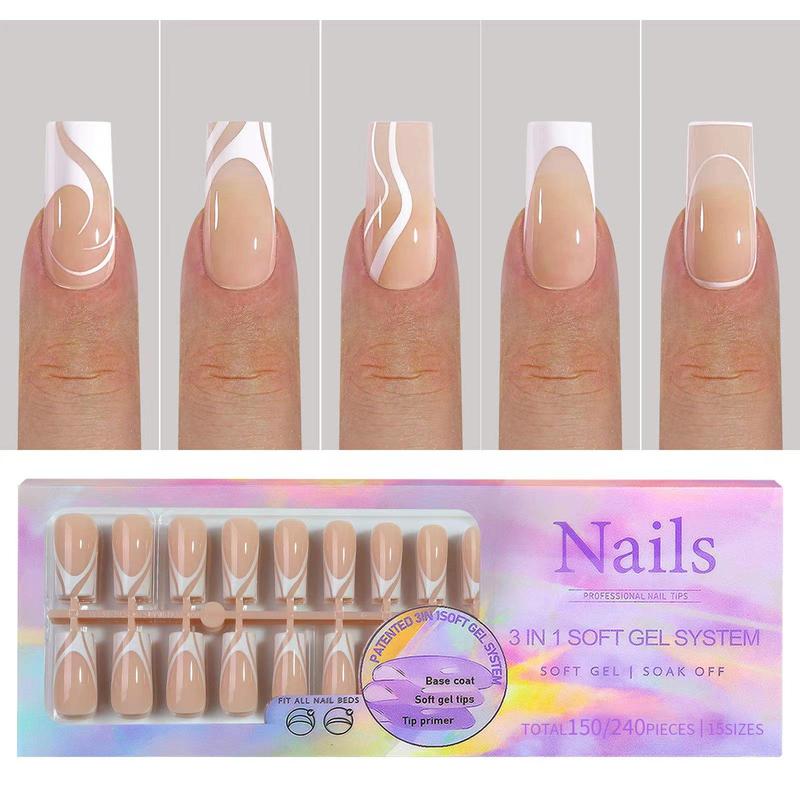 French Style Press on Nails, 150pcs set Long Almond & Square 3-In-1 Soak Off Soft Gel Fake Nails, Removable Nail Art Artificial Full Cover, Women Girls DIY Manicure