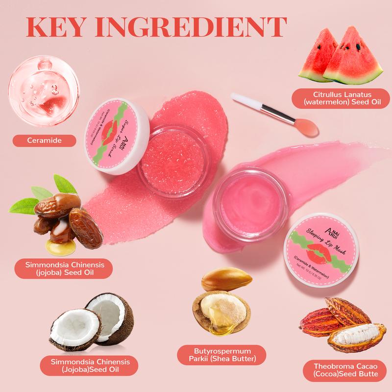 ANAiRUi Watermelon+Ceramide Lip Care Kit - Lip Sleeping Mask and Lip Scrub, Skincare Overnight Moisturizing Mask for Dry, Chapped Lips to Comfort