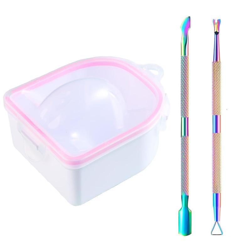 Gorgeous Nail Soaking Bowl! This 1 count bowl is used for soaking gel polish, dip powder remover during manicure. It comes with a stainless steel cuticle peeler, cuticle pusher, and is suitable for using with acetone for acrylic nail supplies.