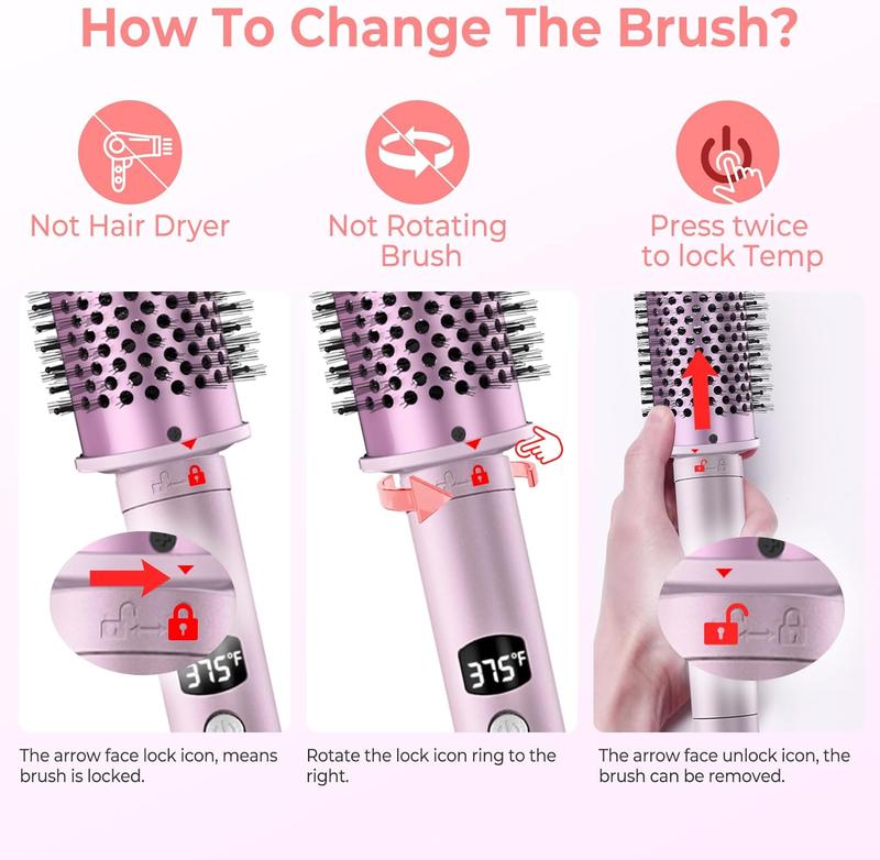 Thermal Brush, Curling Iron Hair Styling Tool with Double Ceramic Tourmaline & PTC,3 In 1 Heated Round Brush Set with 1.25 1.5 1.75 Inch, 5 Temps Settings Detachable Thermal Round Brush Curling Brush