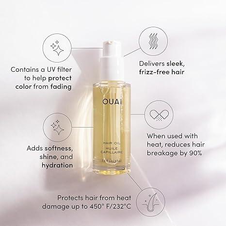 OUAi Hair Oil - Adds Hair Shine and Smooths Split Ends - Hair Heat Protectant Oil for Frizz Control - Color Safe Formula - Paraben, Phthalate and Sulfate Free 1.5 oz 45ml Haircare Serum Hydrating