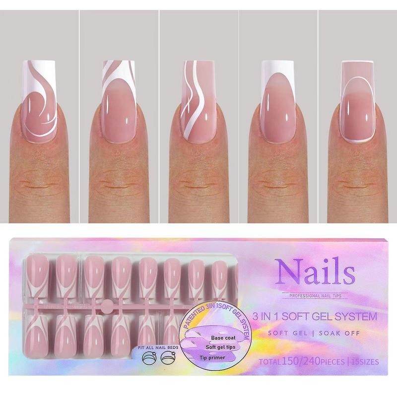 French Style Press on Nails, 150pcs set Long Almond & Square 3-In-1 Soak Off Soft Gel Fake Nails, Removable Nail Art Artificial Full Cover, Women Girls DIY Manicure