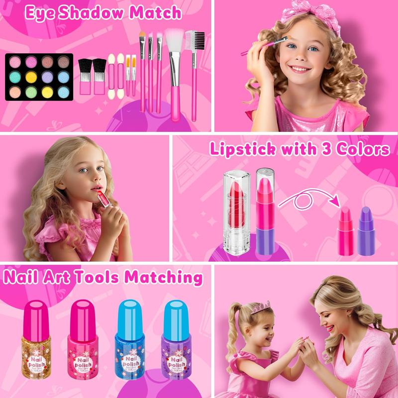 Hollyhi 58 Pcs Kids Makeup Kit for Girl, Princess Toys Real Washable Cosmetic Set with Mirror, Kids Makeup Sets for Girls, Play Make Up Birthday Gifts for 3 4 5 6 7 8 9 10 11 12 Years Old Kid (Rose)