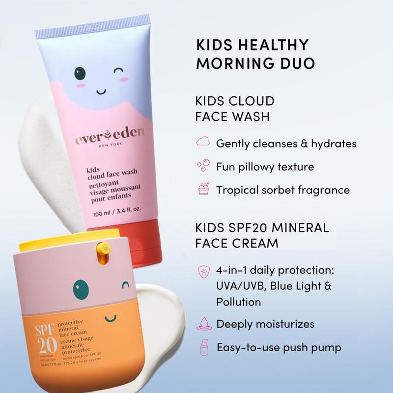 Evereden Kids Morning Duo - Cloud Face Wash & Mineral Face Cream - Safe Skincare for 4-in-1 Daily Protection - Gentle, Dermatologist-Tested Formula