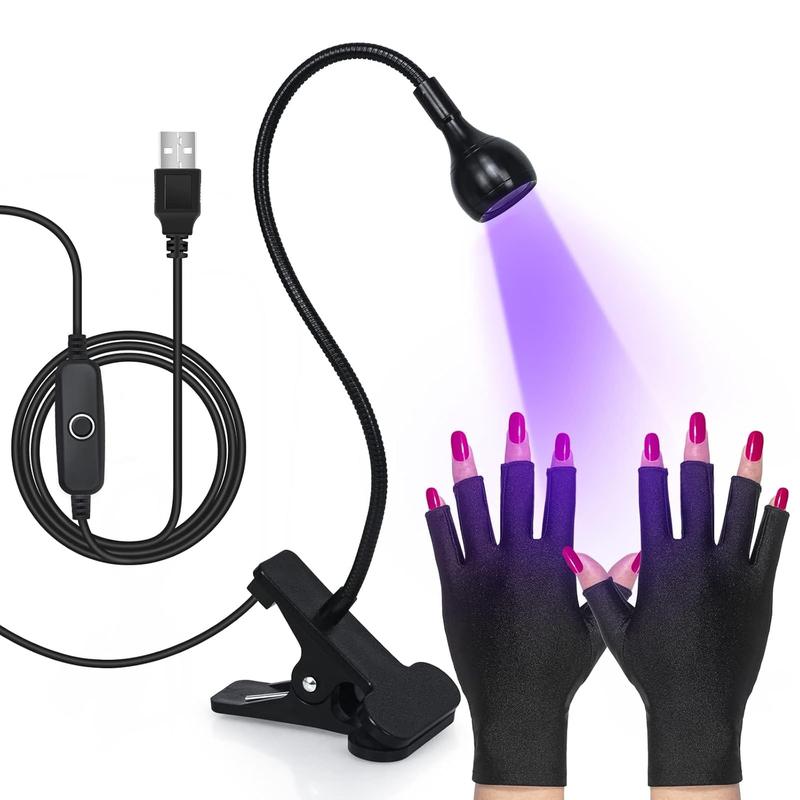 Lamp with UV Protection Gloves,3W LED  Manicure Dryer 35NM Curing Light with Black Gooseneck and Clamp for Gel Nails