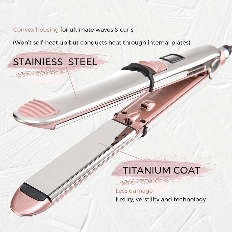 Professional Flat Iron Hair Straightener, Titanium Ionic Hair Straightening, Fast Heating Hair Tools, Pink 2 in 1 Dual Voltage Hair Straightener Curler for All Hairstyles