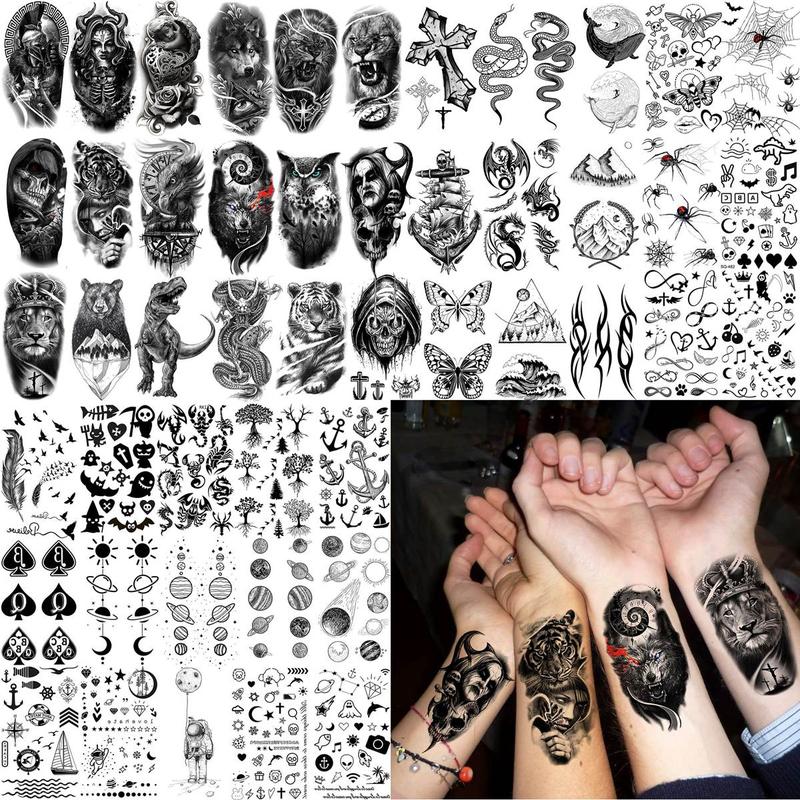 Animal & Skull Pattern Temporary Tattoo, 61pcs set Fake Tattoo Body Art Sticker for Men & Women, Realistic Arm Tattoos for Adults, Body Art, Body Tattoos, Body Stickers Party Supplies