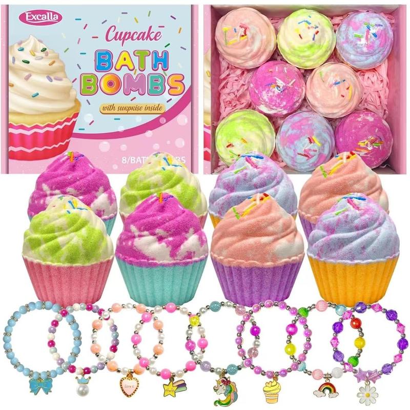 Bath Bombs for Kids with Surprise Jewelry Inside, 8 Cupcake Bath Bombs for Girls Gift Set, Handmade Fizzes Balls with Rich Bubble Bath, Ideal for Chrildren Birthday Christmas Body Care Scent