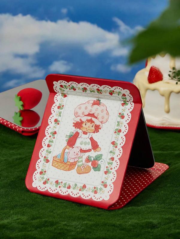 Strawberry Shortcake Cartoon Character & Strawberry Patterned Portable Folding Vanity Mirror