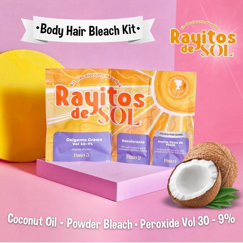 Body Hair Bleach Kit with Coconut Oil Powder Bleach Peroxide Vol 30 - 9% Itch-Free Rayitos de Sol - Skin protection and Nourishment