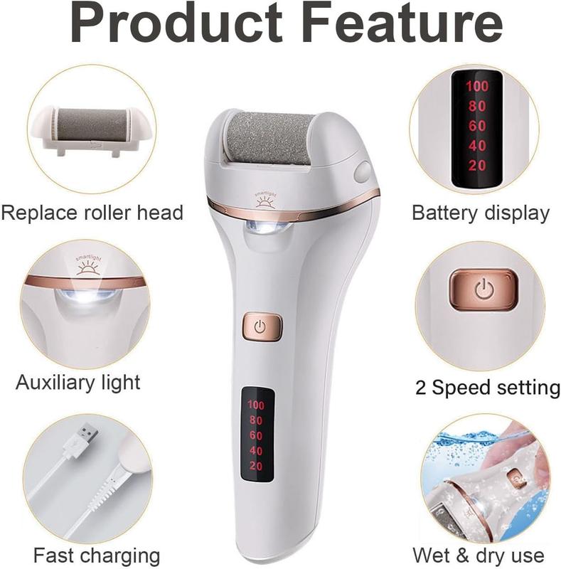 Electric Foot Callus Remover, File Pedicure Tools Kit for Feet Care, Rechargeable Dead Skin Remover Dry Crack with 2 Speed, Battery Display, LED Light Design