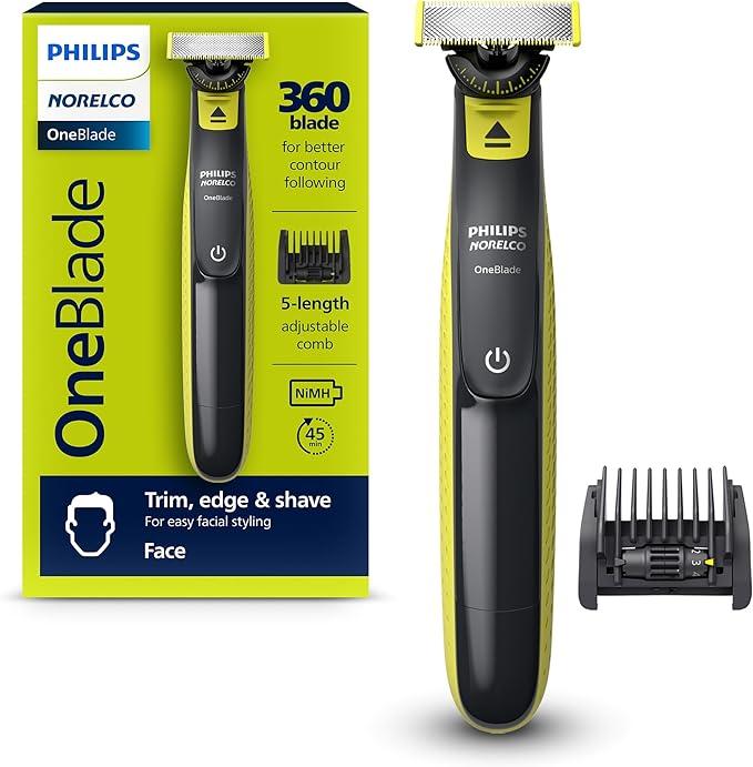 Philips Norelco OneBlade 360 Face, Hybrid Electric Beard Trimmer and Shaver with 5-in-1 Face Stubble Comb, Frustration Free Packaging, QP2724 90