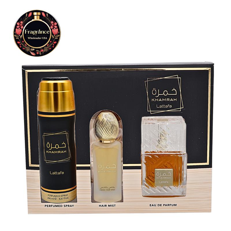 LATTAFA KHAMRAH GIFT SET EAU DE PARFUM 3.4FL.OZ, BODY SPRAY6.67FL.OZ & HAIR MIST