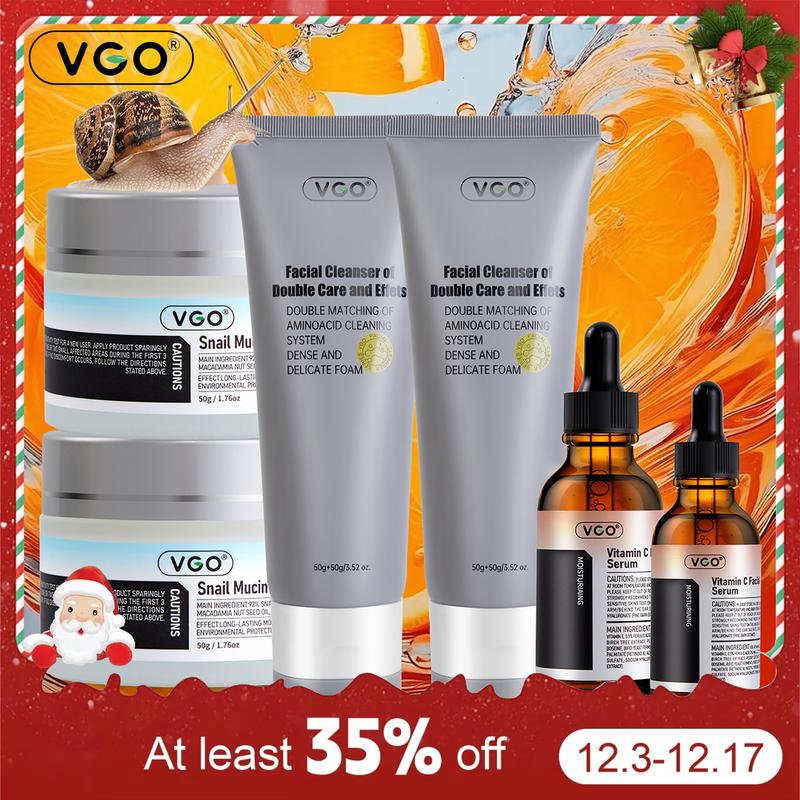 VGO Skincare Kit Gentle Acne Treatment, Correcting Nourishing, Glossier  hydrating, ,remedy ,wrinkles, pore correction, porereducing Snail Mucin 92% Moisturizer and Vitamin C Facial Serum Essence 60ml】 dry skin  products sets Cleanser Moisture