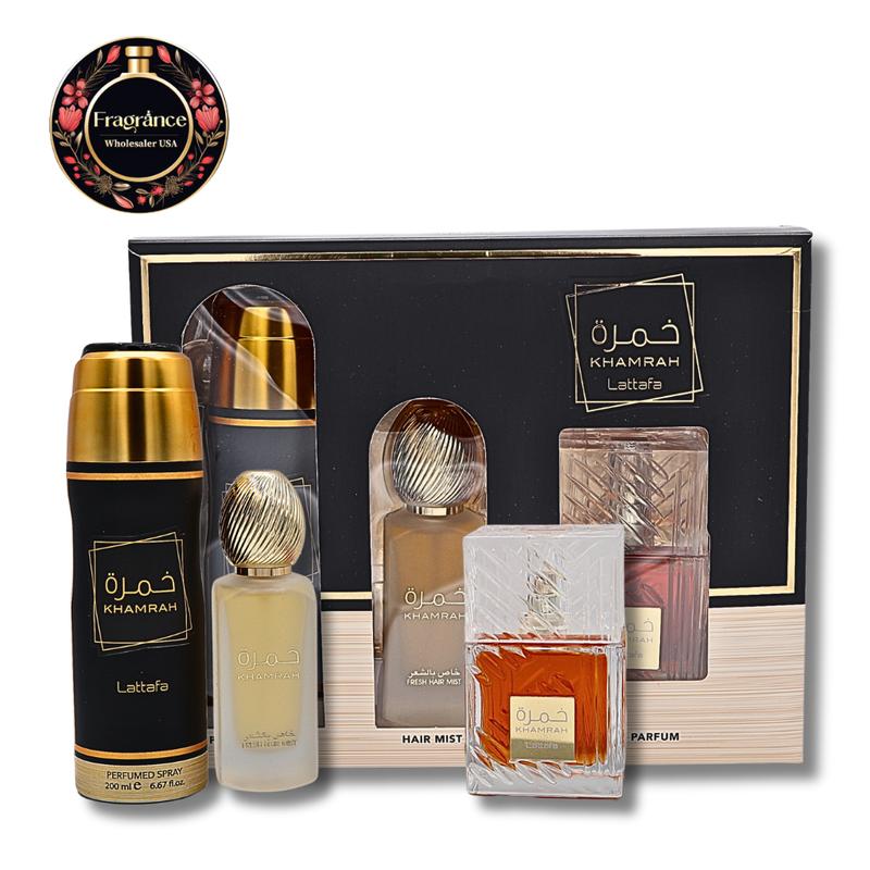 LATTAFA KHAMRAH GIFT SET EAU DE PARFUM 3.4FL.OZ, BODY SPRAY6.67FL.OZ & HAIR MIST