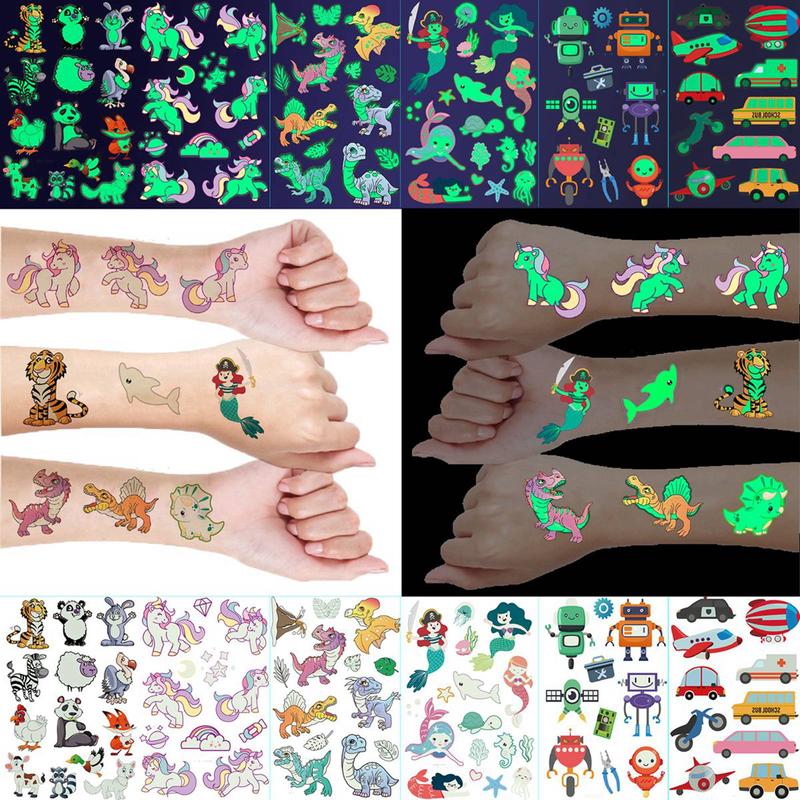 Cartoon Animal Pattern Temporary Tattoo Sticker, 20pcs Glow in The Dark Tattoo Decals, Creative Body Art Sticker for Party, Teens & Adults, Christmas Gift