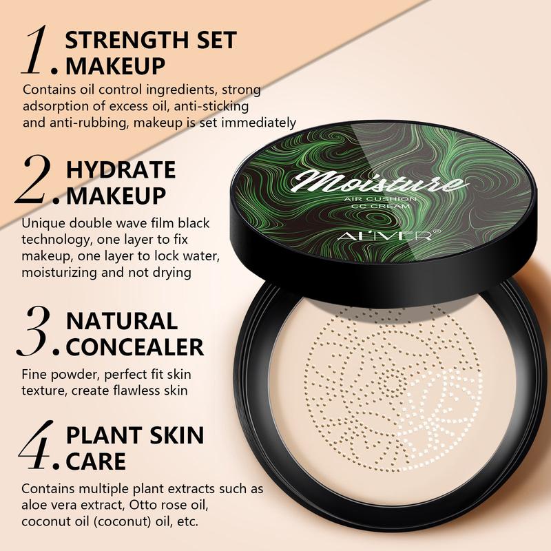 Aliver Air Cushion CC Cream Mushroom Head Foundation, Moisturizing BB Cream Makeup Long Lasting Matte Concealer (Natural Ivory White)