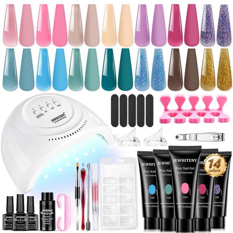 JEWHITENY 14 Colors Poly Gel Nail Kit Nude pink Blue yellow Glitter All In One Polygel Nail Kit Starter Kit Polygel Nail Kit With U V Lamp Base Top Coat Gift for Women