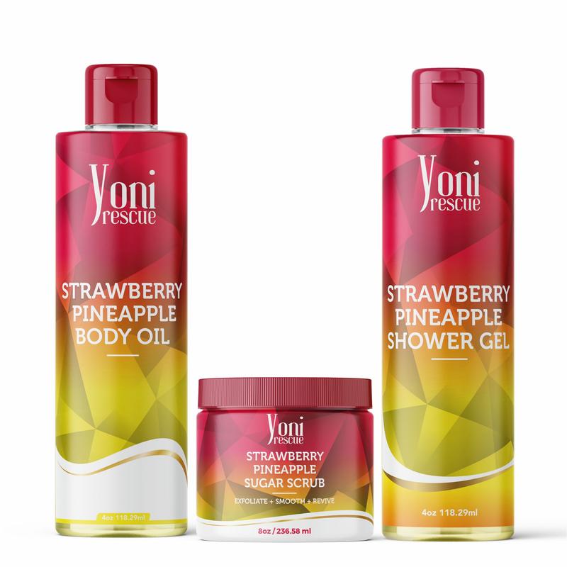 Strawberry Pineapple Body & Bath Care Set- Shower Gel(4oz),  Body Essential Oil(4oz) 100% All Natural with Sugar Scrubs(8oz) by Yoni Rescue