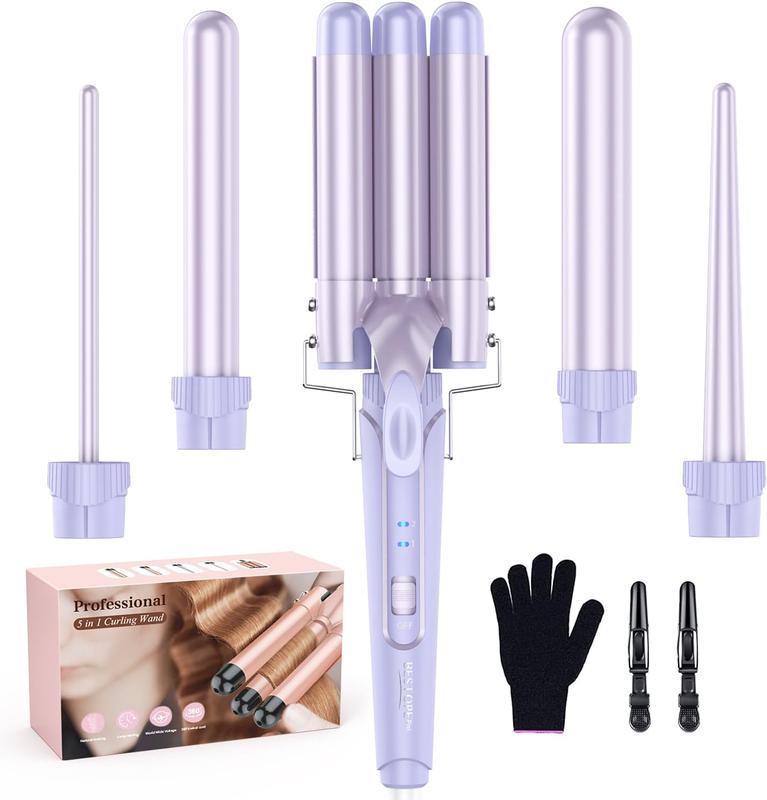 BESTOPE PRO Waver Curling Iron Wand, BESTOPE PRO 5 in 1 Curling Wand Set with 3 Barrel Hair Crimper for Women, Fast Heating Hair Wand Curler in All Hair Type   end trimmer Adjustable Comfort