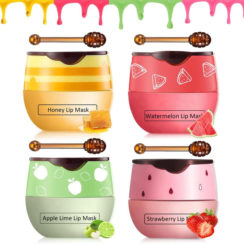 4 Pcs Bee Lip Balm Honey Pot,Strawberry&Watermelon&Honey&Apple Lime Lip Mask Overnight Hydrating Prevention Dry and Cracked Lip Scrubs Exfoliator Lip Care, Lip Sleeping Mask Reduces Lip Lines