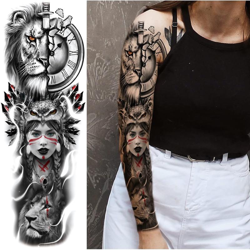 Trending! Lion Wolf Tribal Tattoo Sleeve - Large Full Arm! Animal Tribal Fake Tattoos Sleeve for Men and Women, Adult. Long Lasting Black Arm Temp Tatoo Sticker for Leg Art Makeup. 4-Sheet Set. Get a Bold and Dramatic Tattoo Look!