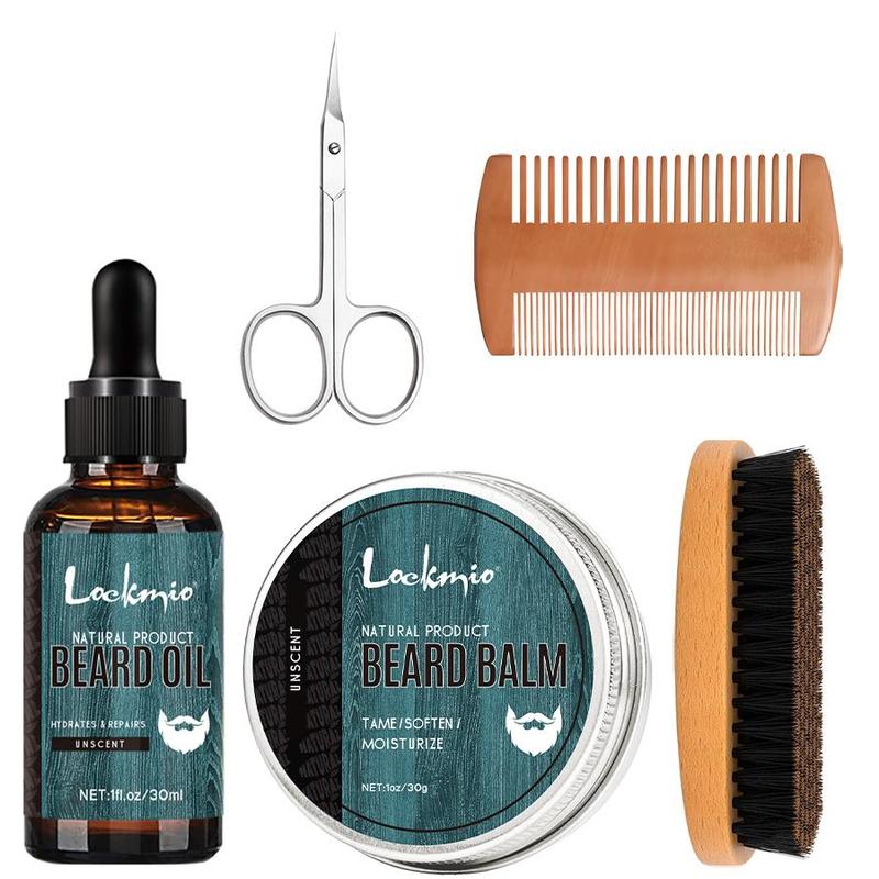 Beard Care Kit (5 Counts set), 30ml Beard Oil & 30g Beard Cream & 1 Beard Comb & 1 Beard Brush & 1 Scissors, Moisturizing Beard, Strengthen and Toughen Fibrous Roots, Beard Care Product for Men