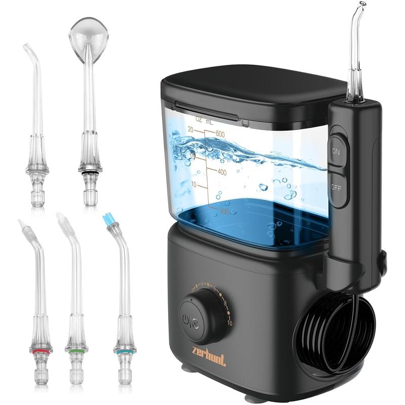 Christmas 2024 Gifts Zerhunt Dental Water Flosser Teeth Cleaner - High Frequency Pulsed Electric Oral Irrigator with 5 Interchangeable for Braces, Implants, Bridges, 600ML Large Capacity Water Flosser Electric rechargeable  water