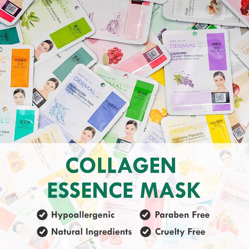 24  Collagen Essence Korean Face Mask - Hydrating & Soothing Facial Mask with Panthenol - Hypoallergenic Self Care Sheet Mask for All Skin Types - Natural Home Spa Treatment Mask Skincare Cleansing Gentle Gift Green Tea Herbal Nourishing Organic